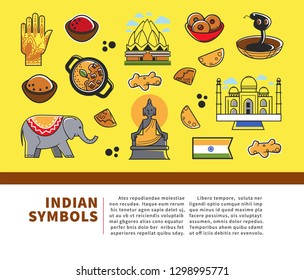 Indian culture symbols and vector India landmarks. Vector poster of India flag, Taj Mahal temple and traditional masala and curry cuisine, Hindu goddess or Buddha henna hand
