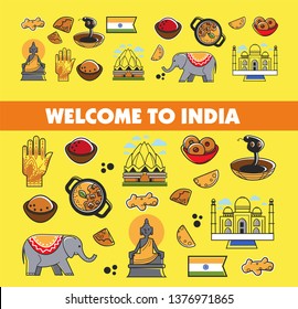 Indian culture symbols and vector India landmarks. Vector poster of India flag, Taj Mahal temple and traditional masala and curry cuisine, Hindu goddess or Buddha henna hand