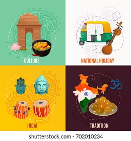 Indian culture and traditional symbols 2x2 design concept isolated on colorful backgrounds cartoon vector illustration