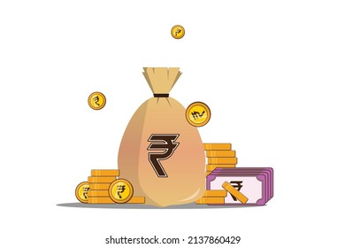 Indian Currency Money Bag And Gold Coins With Indian Currency Note In Isolated Background