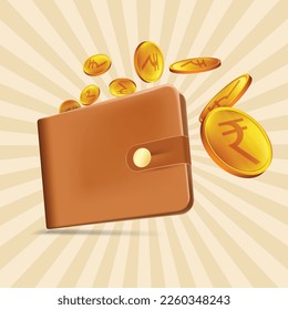 Indian currency rupee coins coming out from wallet. gold coin
