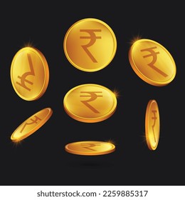 indian currency rupee. rupee gold coin on different angles