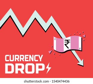 Indian Currency Rupee Price Rate Drop Government Bank. 2000 Rs Note Vector Banner Artwork Concept Stock Market Graph Crash.  