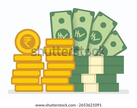 indian currency stack with coins and bundles of rupee notes, flat vector illustration for economy, savings, and finance concepts