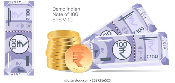 Indian currency vector, demo notes illustration, different types of currency notes, official currency, subdivided into 500, 200, 100, bank notes, reflects the nation's rich and diverse culture.