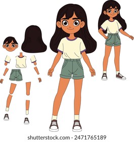 indian cute girl cartoon illustration model sheet