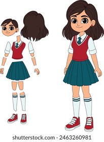 indian cute school girl cartoon illustration model sheet