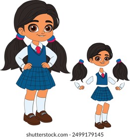 indian cute school girl model sheet cartoon illustration