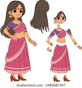indian cute woman cartoon illustration model sheet