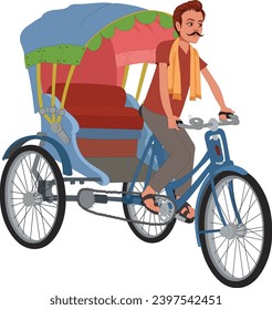 Indian cycle rickshaw with rickshaw driver_ colourful vector illustration in white background