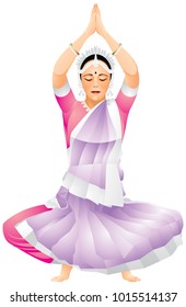 Indian dance color realistic vector illustration, classical Indian dance, Odissi dancer