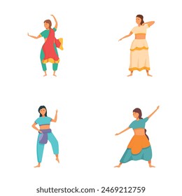 Indian dance icons set cartoon vector. Woman dancer in national indian cloth. Culture, tradition