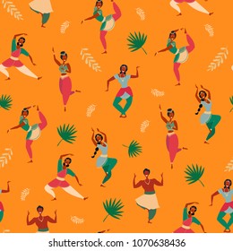 Indian dance. Vector illustration of dancing women. Trendy retro style. Seamless pattern.