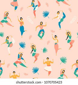 Indian dance. Vector illustration of dancing women. Trendy retro style. Seamless pattern.