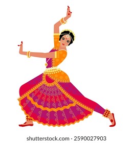 An Indian dancer in a gold and purple national costume is depicted in a dancing pose in a flat cartoon style on a white background. stock vector illustration. EPS 10.