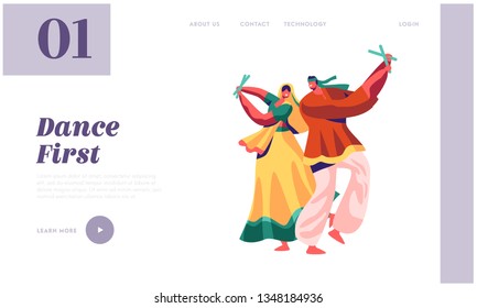 Indian Dancer Performing on Festival Landing Page. Male and Woman Dance in Costume in Exotic India. Lady in Sari Dancing on Asian Show Ceremony Website or Web Page. Flat Cartoon Vector Illustration