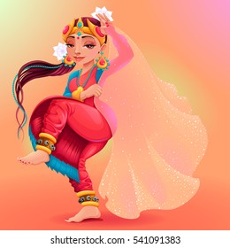 Indian dancer representing the veil of Maya. Cartoon vector isolated character