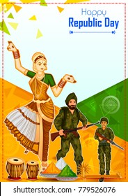 Indian dancer and soldier on 26th January, Happy Republic Day of India in vector background