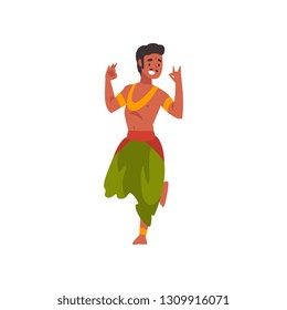 Indian Dancer in Traditional Clothes, Young Smiling Man Performing Folk Dance Vector Illustration