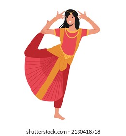 Indian Dancer in Traditional Costume Isolated on White Background. Female Bollywood Dancer Character in National Costume Sari and Harem Pants Dance with Raised Leg. Cartoon People Vector Illustration