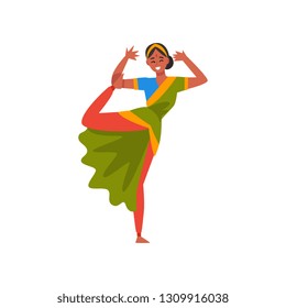 Indian Dancer in Traditional Sari, Beautiful Young Woman Performing Dance Vector Illustration