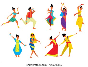 Indian dancer vector illustration cartoon style. Indian woman. Traditional Indian dance. Asian culture. National Indian costume.