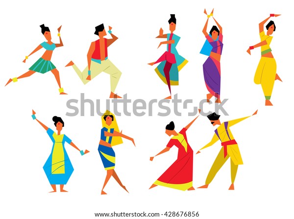 インドのダンサーのベクターイラスト漫画のスタイル インド人の女性 伝統的なインド舞踊 アジアの文化 インドの国民服 のベクター画像素材 ロイヤリティフリー