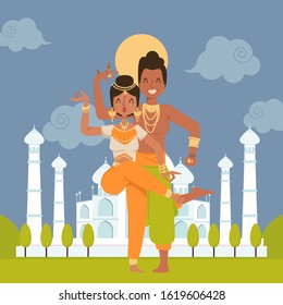 Indian dancers cartoon characters, vector illustration. Happy dancing couple, man and woman performing at Taj Mahal palace in India. People in traditional costumes, exotic dance, ethnic Indian culture