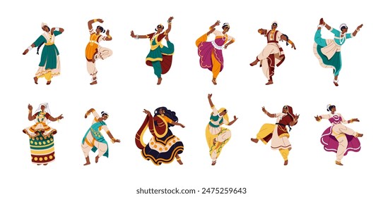 Indian dancers perform set. Women in sari show different traditional dances of India: bharatanatyam, odissi. People in national clothes move. Flat isolated vector illustrations on white background