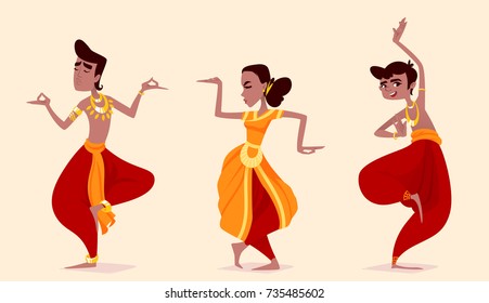 Indian dancers in the posture of Indian dance. Vector cartoon illustration.