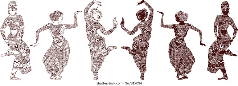 Indian dancers set of hand-drawn style mehendi
