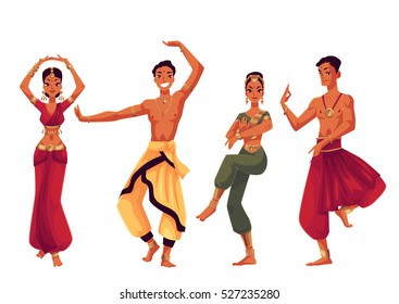 Indian dancers in traditional costumes, cartoon vector illustration isolated on white background. Traditional Indian male and female dancers in national costumes, sari, harem pants, Bollywood