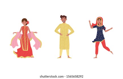 Indian Dancers in Traditional Costumes Vector Illustrations