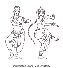 Indian dancers in traditional costumes. Vector drawings isolated on white background. Outline stroke is not expanded, stroke weight is editable