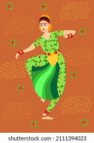 Indian dancing girl. Indian dancer pose in green ethnic clothes on brown background with green oriental elements and yellow dots