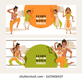 Indian dancing school invitation banner, vector illustration. Advertisement flyer template, ethnic dancers in traditional costumes if India. Motivational text learn to dance today. Cartoon characters