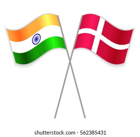 Indian and Danish crossed flags. India combined with Denmark isolated on white. Language learning, international business or travel concept.