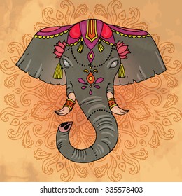 Indian decorated elephant vector illustration. Perfect cards, or for any other kind of design, birthday and other holiday. Grunge textured background with mandala.
