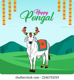 Indian decorated ox for South Indian harvesting festival Happy Pongal, Mattu Pongal. 
