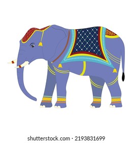 Indian Decorated Royal Elephant Vector Art. Traditional Blue Hand-drawn Elephant Illustration. Use For Textile Print And Graphics Animation. 
