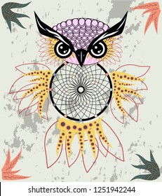 Indian decorative Dream Catcher owl in graphic style. illustration.