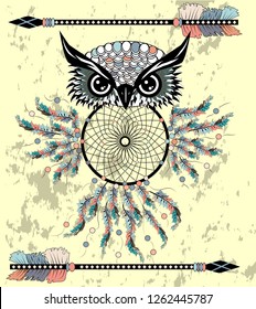 Indian decorative Dream Catcher owl in graphic style. illustration.