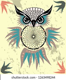 Indian decorative Dream Catcher owl in graphic style. illustration.