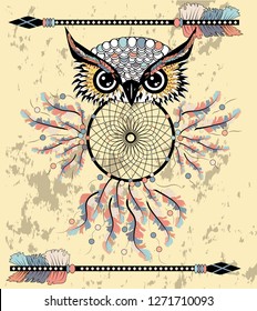 Indian decorative Dream Catcher owl in graphic style.