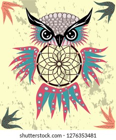 Indian decorative Dream Catcher owl in graphic style.