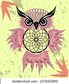 Indian decorative Dream Catcher owl in graphic style.