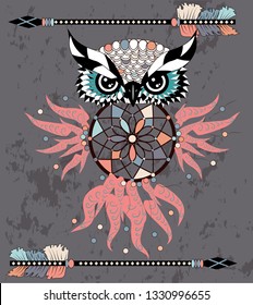 Indian decorative Dream Catcher owl in graphic style.