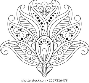 Indian decorative ornament element. Line ornament for textile, tattoo, coloring books, pattern. Vector illustration