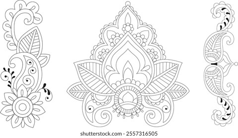 Indian decorative ornament element. Line ornament for textile, tattoo, coloring books, pattern. Vector illustration