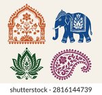 Indian Decorative Vector Set with Elephant, Lotus, Paisley and Ornamental Arch